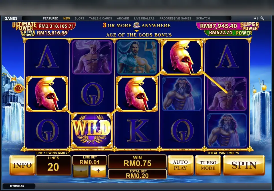 Age of the Gods on LPE88 with the '3 or more coins anywhere' bonus banner and a win on line 10