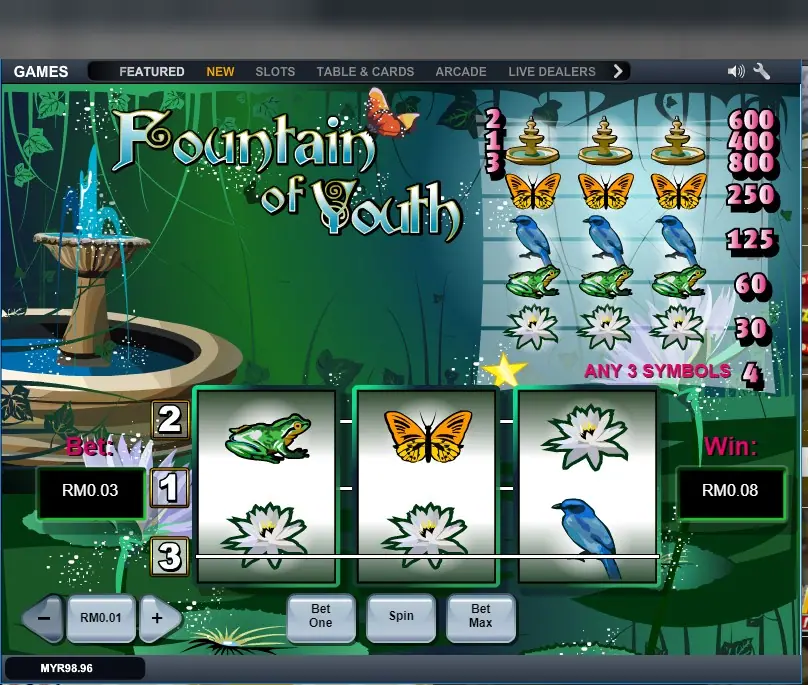 Fountain of Youth di LPE88 dengan tanda bintang di paytable dan kemenangan di line 3 senilai RM0.08