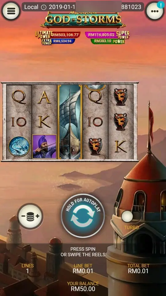 God of Storms dalam mode tegak di LPE88 dengan judul, kotak jackpot, tombol taruhan dan sakelar turbo