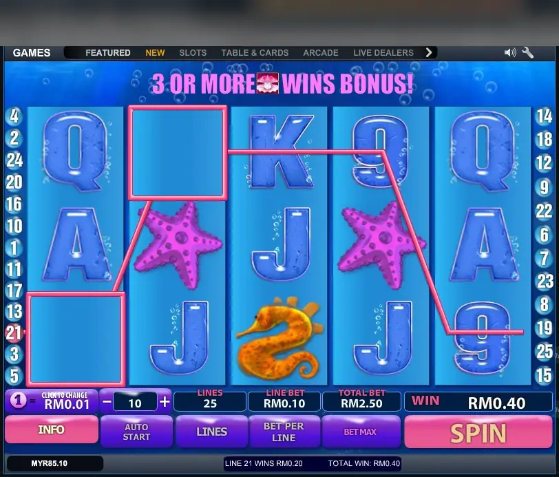Great Blue di LPE88 dengan banner '3 or more shells wins bonus' dan kemenangan di line 21