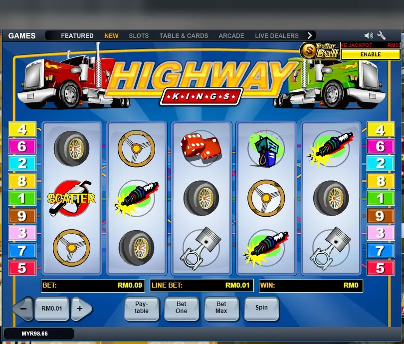 Highway Kings di LPE88 dengan SCATTER knalpot di gulungan 1, ban, setir, busi dan piston