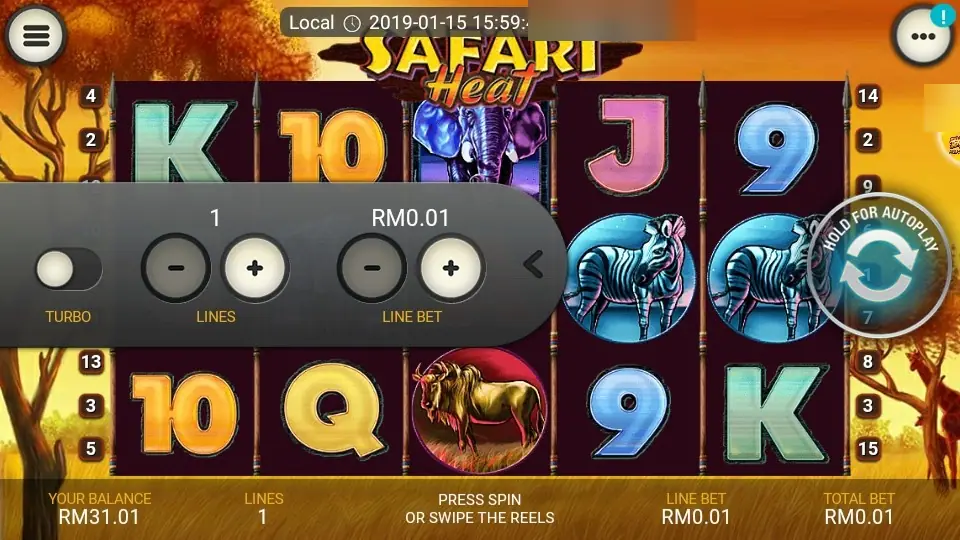 Safari Heat on LPE88 with the settings drawer open showing Turbo, Lines set to 1 and Line Bet RM0.01