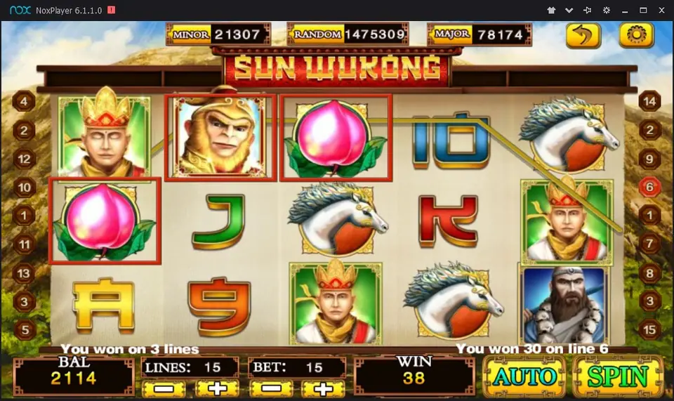 Putaran Sun Wukong dengan Raja Kera dan dua persik dalam kotak di line 6 dan angka 38 di meter kemenangan
