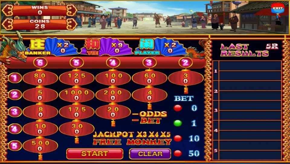 Papan taruhan Thunder Bolt di Mega888 dengan kipas Banker, Tie, dan Player, deretan lampion merah berisi odds tiap pasangan monyet, dan chip 1, 10, dan 50