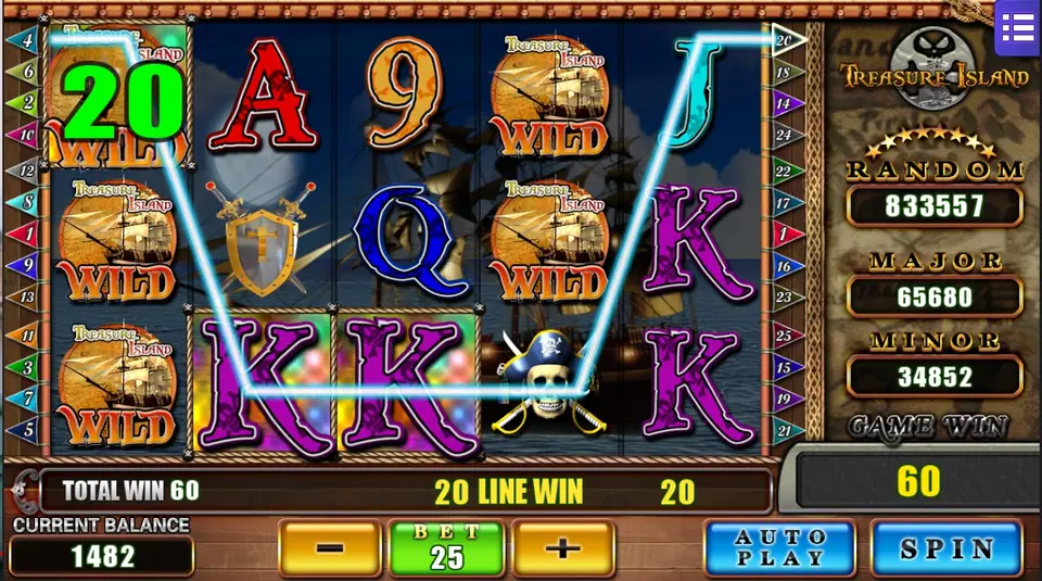 Treasure Island di Mega888 dengan satu gulungan penuh wild galleon di gulungan 1, menang line 20, dan total menang 60