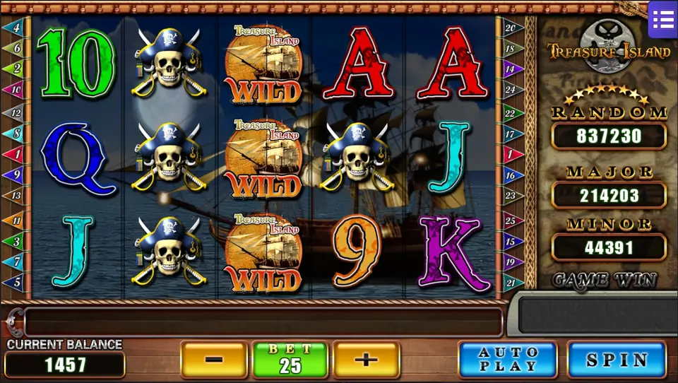 Gulungan Treasure Island dengan wild galleon menumpuk di gulungan 3 dan simbol tengkorak menumpuk di gulungan 2