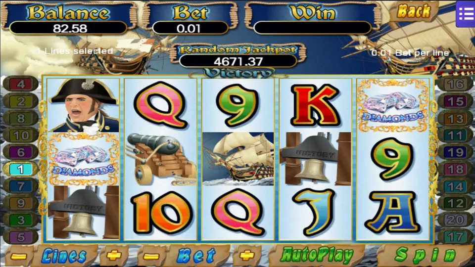 Gulungan Victory dengan perwira bertopi bicorne di gulungan 1, simbol Diamonds di gulungan 1 dan 5, dan lonceng kapal di gulungan 1 dan 4