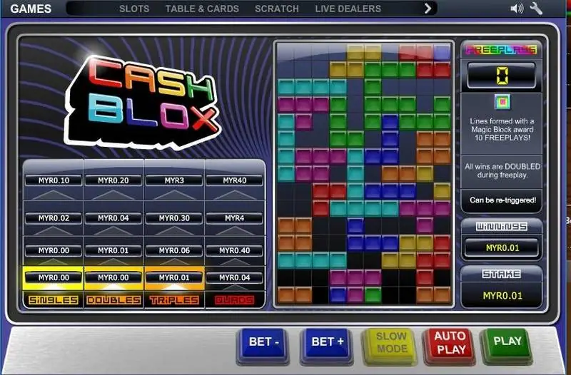 Grid Cash Blox penuh balok berwarna menjelang akhir ronde, dengan kemenangan MYR0.01