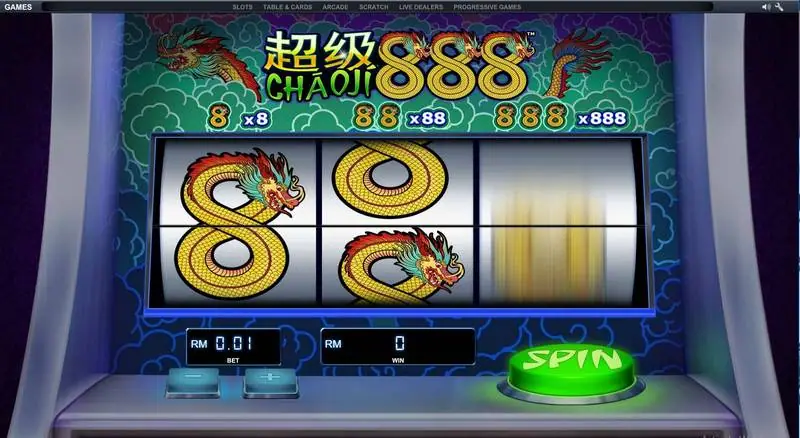 Chao Ji 888 dengan dua gulungan menampilkan naga 8 setengah berputar dan gulungan ketiga masih berputar, taruhan RM0.01