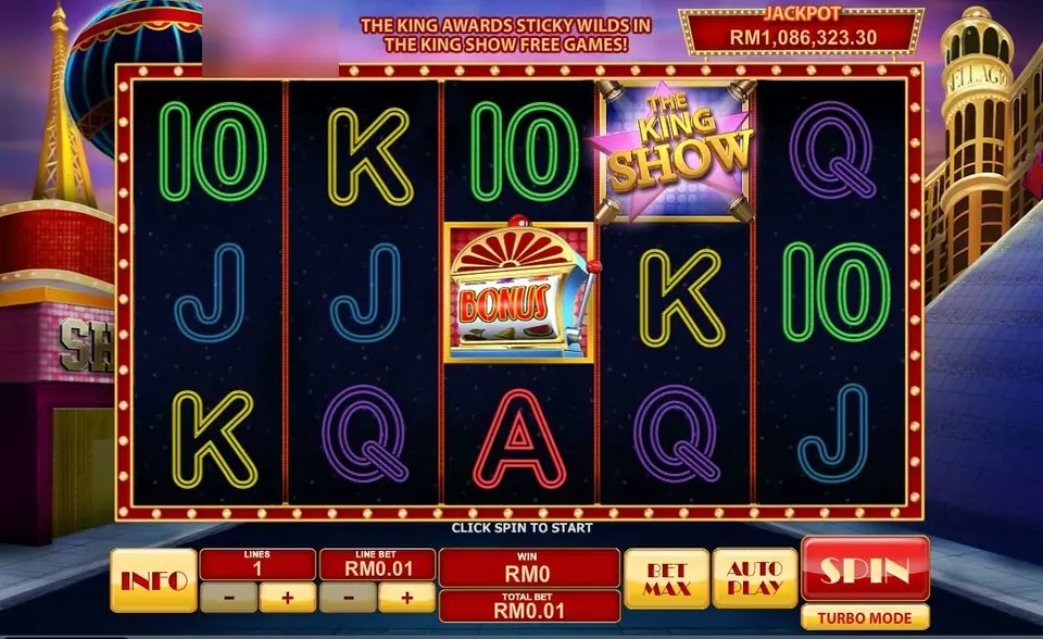 Cat in Vegas di Rollex11 dengan simbol The King Show dan Bonus di reel serta banner sticky wild
