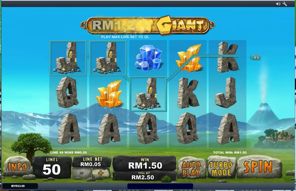 Kemenangan Jackpot Giant di line 49 dengan dua simbol J batu dan satu kristal oranye di Rollex11