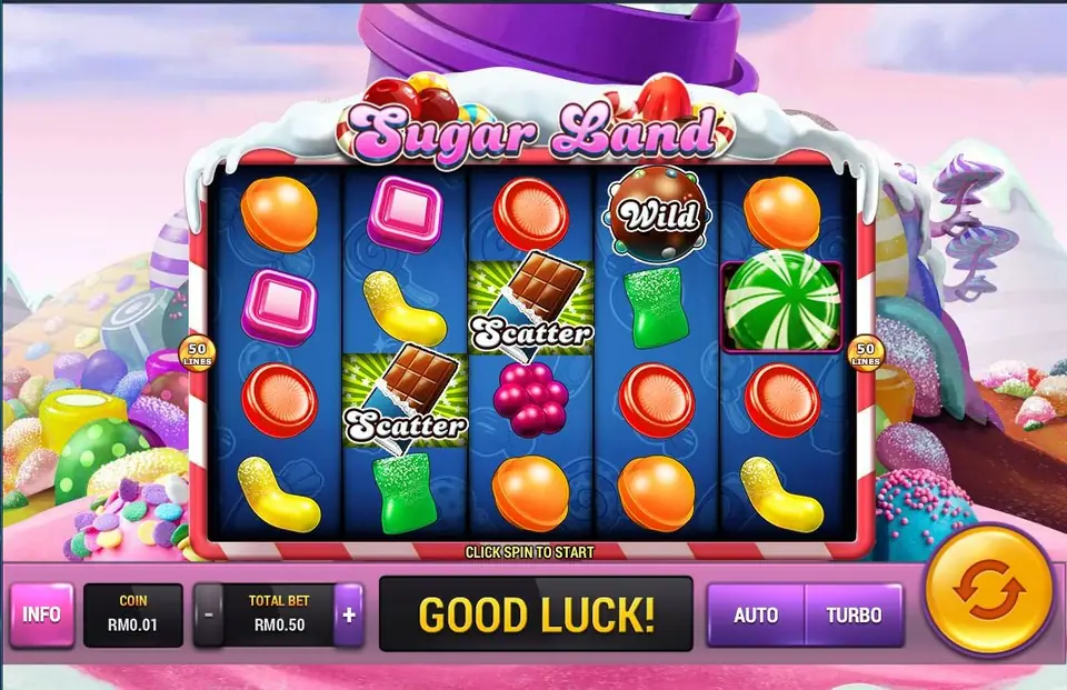 Sugar Land base game on Rollex11 with two chocolate scatters and a chocolate-cake wild on the reels