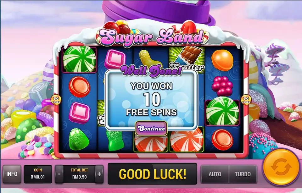 Sugar Land on Rollex11 showing the message You won 10 free spins after three scatters