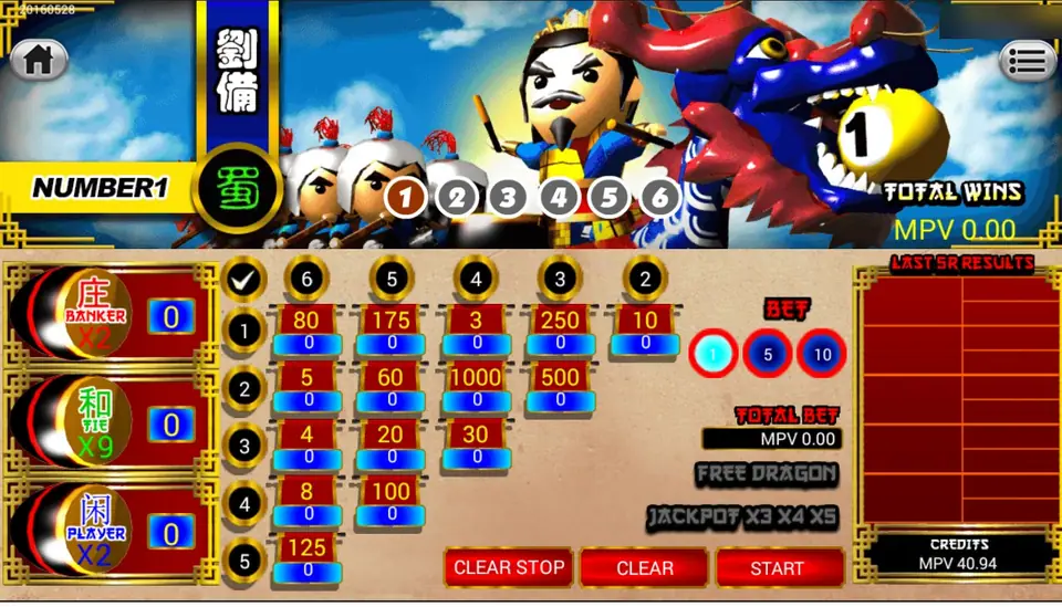 3 Kingdom Dragon Boat betting board on SKY777 with an odds grid for boats 1 to 6, Banker, Tie and Player bets and bet chips 1, 5 and 10