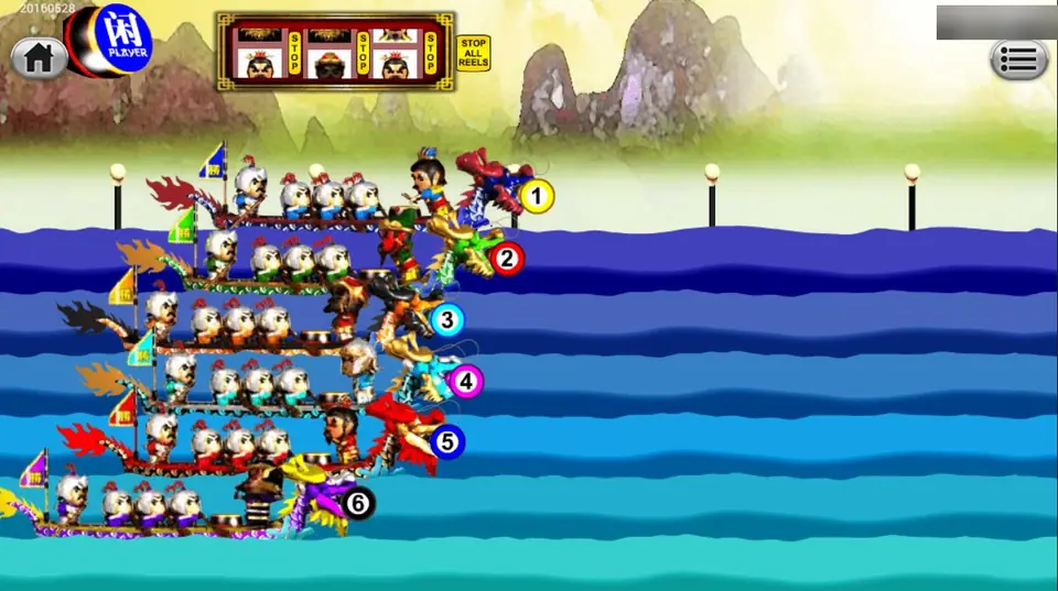 Six cartoon dragon boats numbered 1 to 6 racing on a river