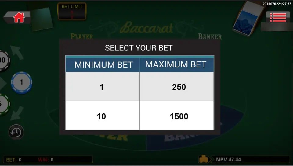 Layar pilihan limit 9 Baccarat dengan meja 1-250 dan 10-1500
