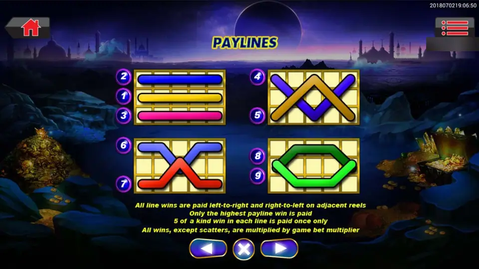 Layar payline Ali Baba dengan sembilan line dan aturan bayar dua arah