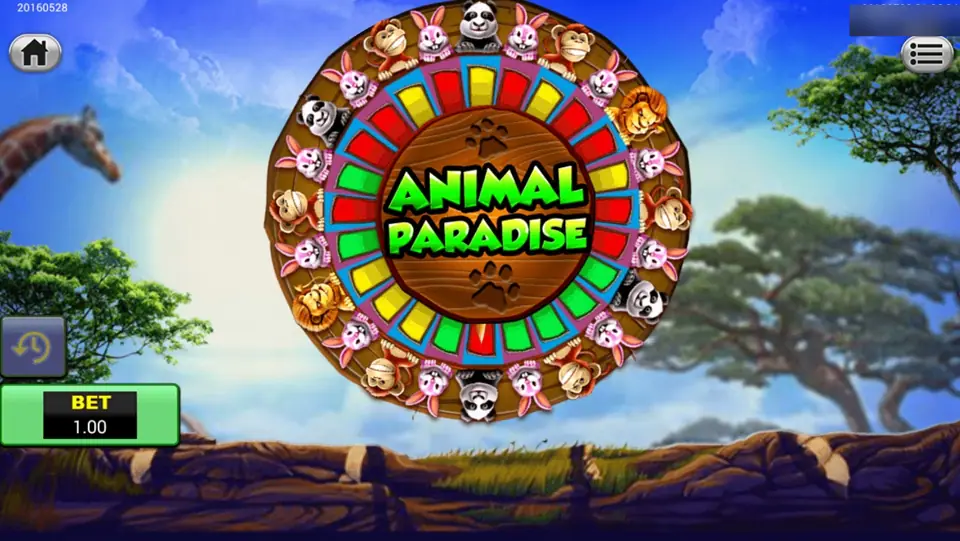 Roda Animal Paradise dengan wajah hewan di tepi dan segmen merah, hijau, dan kuning