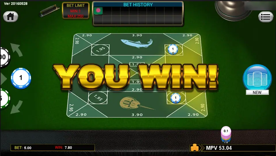 Layar You Win Belangkai setelah satu ronde dengan kemenangan 7.80