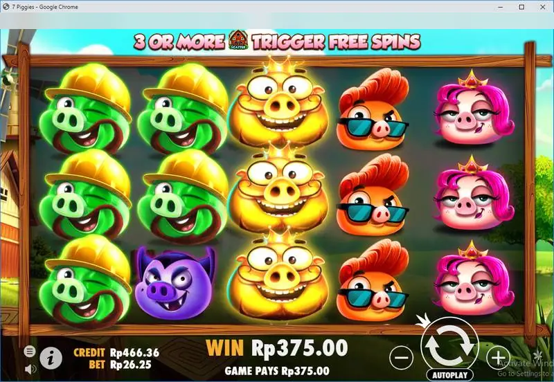 Gulungan penuh babi hijau, emas, oranye dan pink yang membayar Rp375.00, dengan banner 3 or more barns trigger free spins