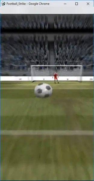 Animasi tendangan penalti dari belakang bola, dengan kiper berbaju merah di garis gawang