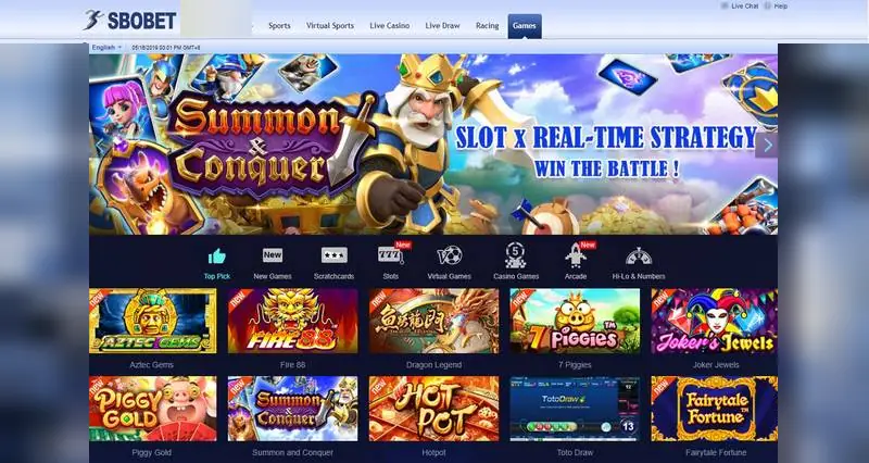 Lobi Games SBOBET dengan banner Summon and Conquer, ikon kategori dan kotak game Aztec Gems, Fire 88, Dragon Legend, 7 Piggies dan Joker's Jewels