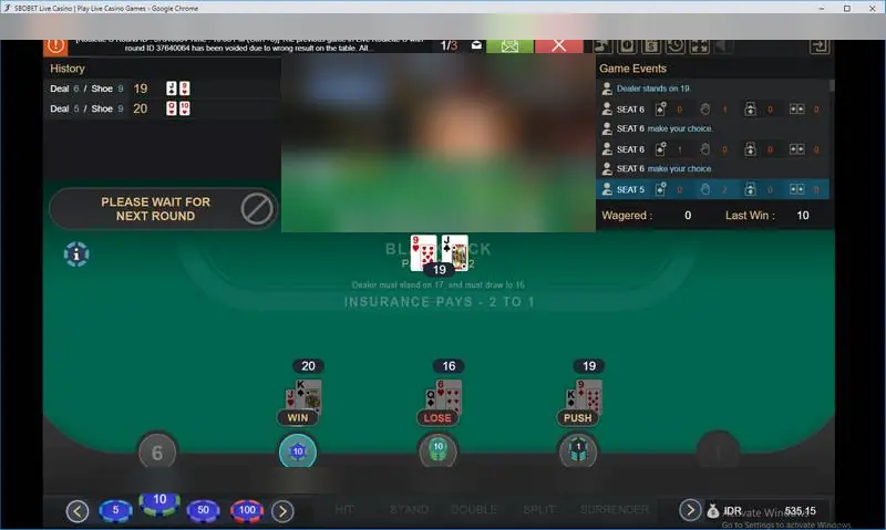 Hasil ronde dengan kursi bertanda Win, Lose dan Push melawan total dealer 19