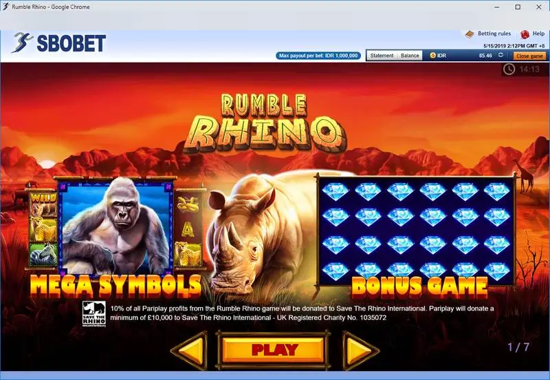 Layar pembuka Rumble Rhino dengan Mega Symbol gorila, badak yang menyeruduk dan grid berlian biru berlabel Bonus Game