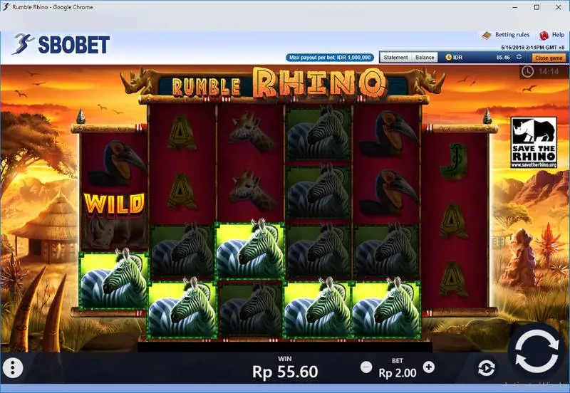 Kemenangan zebra menyala di sepanjang gulungan dengan wild di gulungan satu dan kemenangan Rp55.60 pada taruhan Rp2.00