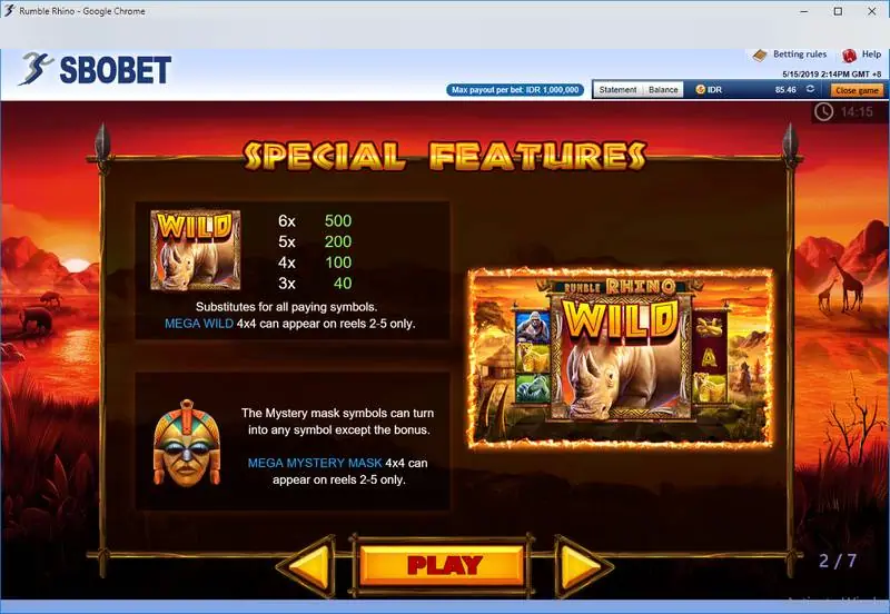 Halaman Special Features: Wild membayar 40 untuk tiga sampai 500 untuk enam, dan topeng Mystery berubah jadi simbol apa pun kecuali bonus