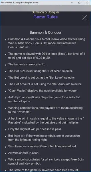 Halaman aturan Summon and Conquer yang mencantumkan 5 gulungan, 3 baris, 20 line tetap, bet level 1 sampai 10 dan bet size 0.02 sampai 20