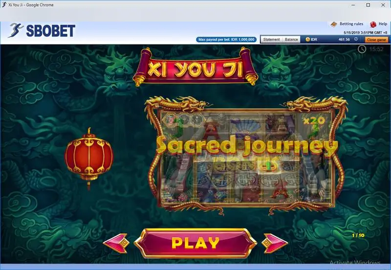 Layar pembuka Xi You Ji dengan pratinjau fitur Sacred, lampion merah dan tombol Play