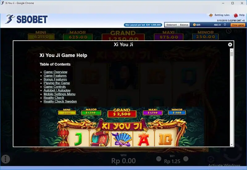 Jendela Game Help Xi You Ji yang berisi game overview, features, bonus features, controls dan autoplay