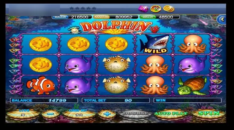 Dolphin slot on XE88 showing gold fish coins, octopus, puffer fish, clownfish and a shark WILD on 5 reels with 9 lines